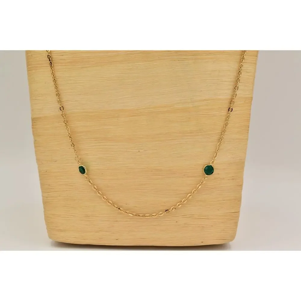 Vintage Green Open Bezel Crystal Necklace Station Chain Gold Tone 1980s BinBJ